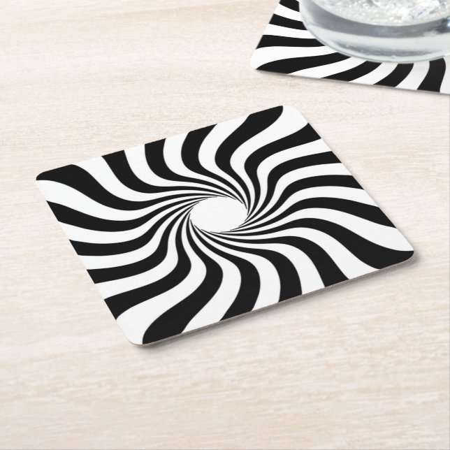 Black and white spiral print square paper coaster (Angled)