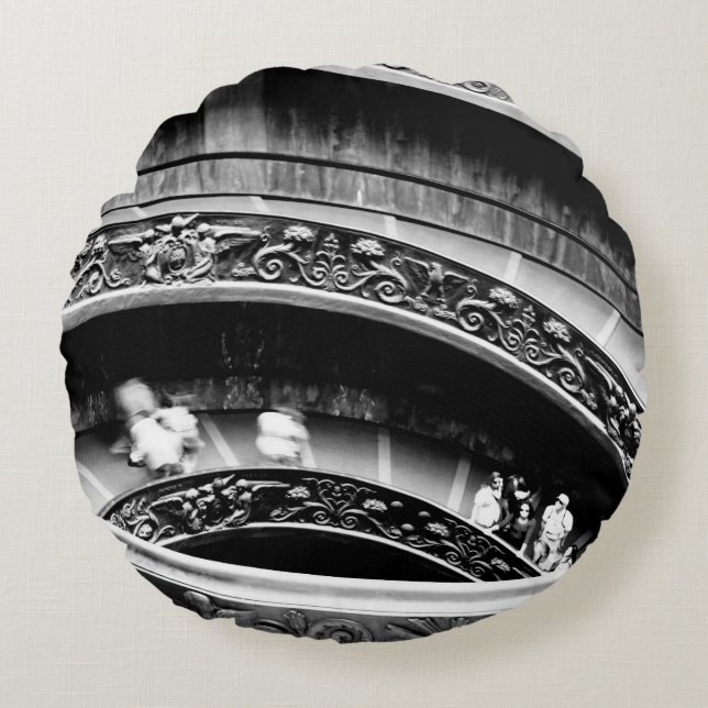 Black and White Spiral Staircase Round Pillow (Front)