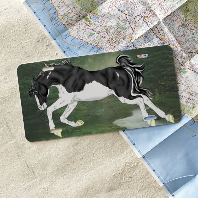 Black and White Splash Overo Paint Horse License Plate (In Situ)