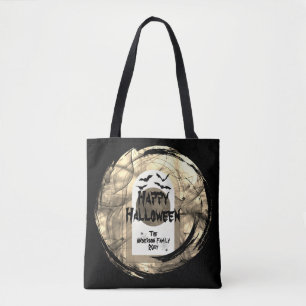 Black and White Spoky Bats Moon Happy Halloween Tote Bag