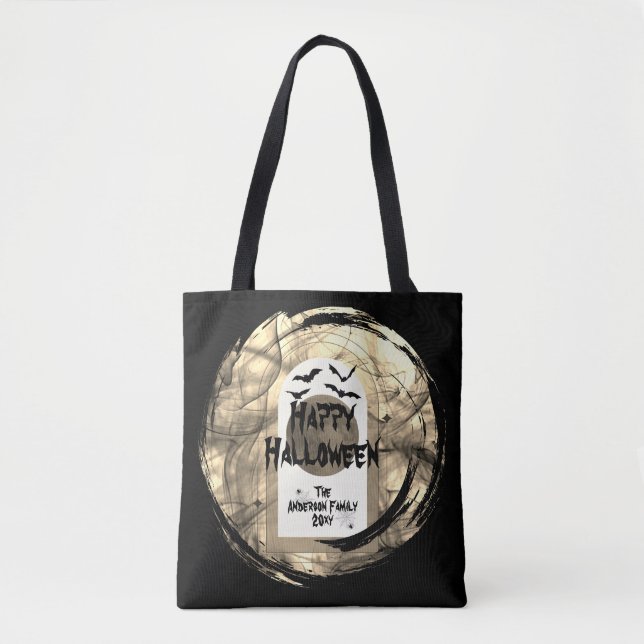 Black and White Spoky Bats Moon Happy Halloween Tote Bag (Front)