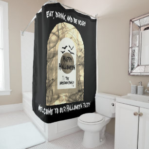 Black and White Spooky Bats Spider Happy Halloween Shower Curtain