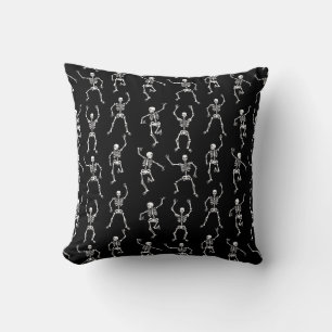 Black and White Spooky Dancing Skeletons Throw Pillow