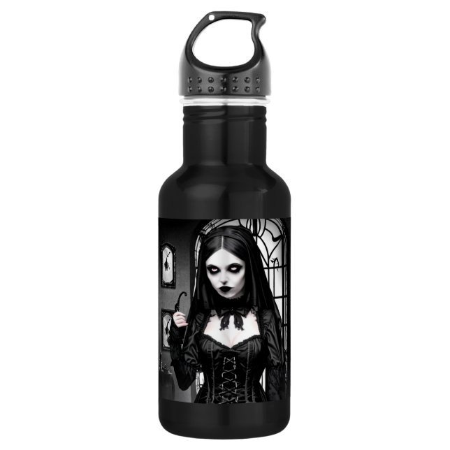 Black and White Spooky Gothic Girl  Stainless Steel Water Bottle (Front)