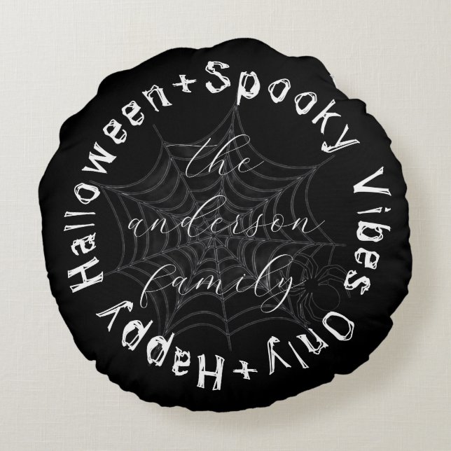 Black and White Spooky Spider Web Happy Halloween Round Pillow (Back)