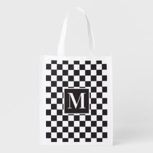 Black And White Sporty Chic Checkerboard Monogram Grocery Bag