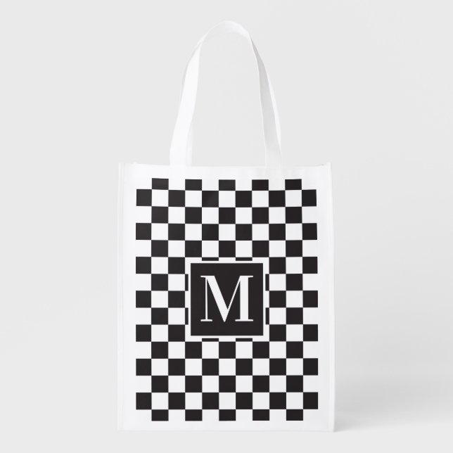 Black And White Sporty Chic Checkerboard Monogram Grocery Bag (Front)