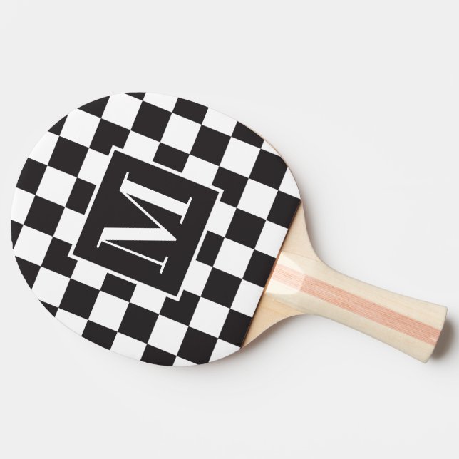 Black And White Sporty Chic Checkerboard Monogram Ping Pong Paddle (Back Side)