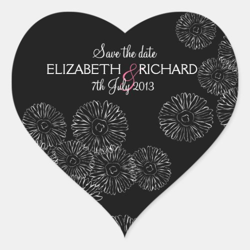 Black and white spring flowers Save the date Heart Sticker