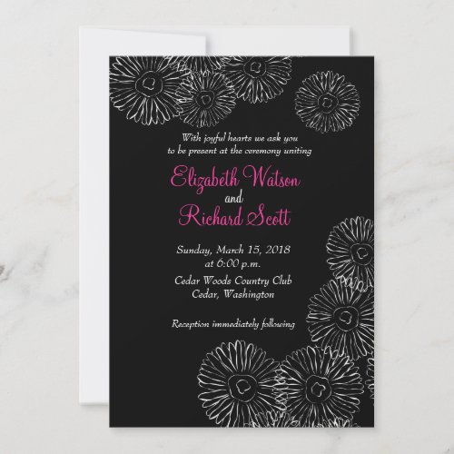 Black and white spring flowers wedding invitation
