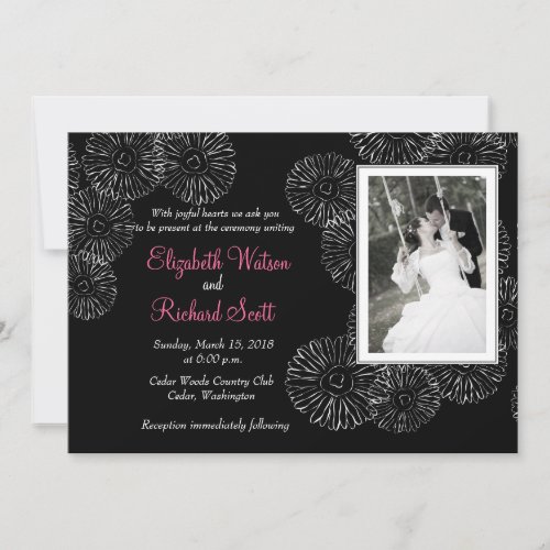 Black and white spring flowers wedding invitation