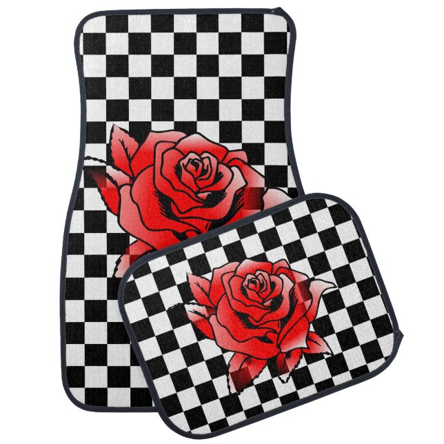 Black And White Square And Rose Car Floor Mat (Set)