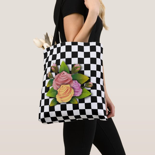 Black And White Square And Roses Tote Bag (Close Up)