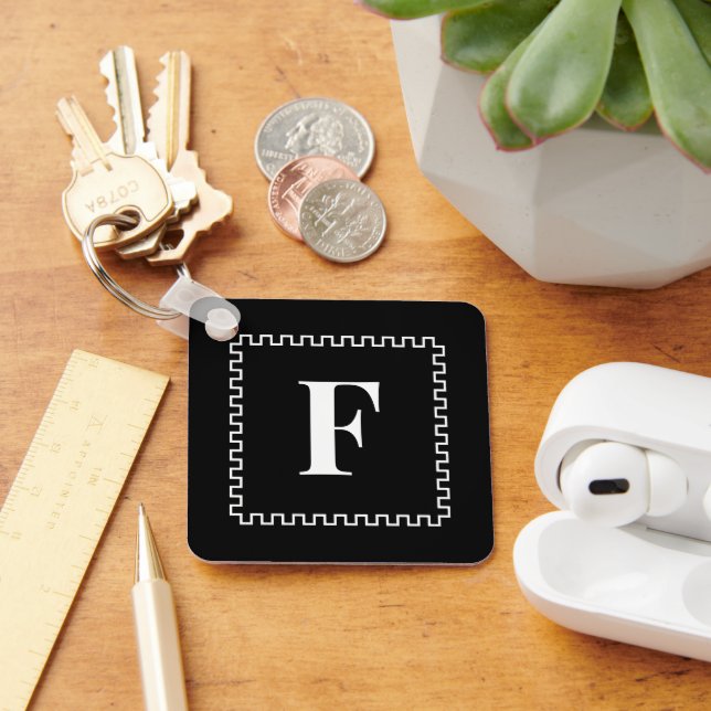Black and White Square Border Monogram Initials Keychain (Desk)