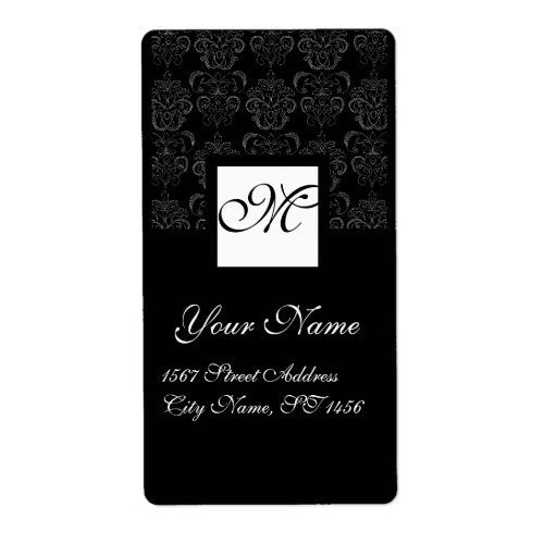 BLACK AND WHITE SQUARE DAMASK MONOGRAM LABEL