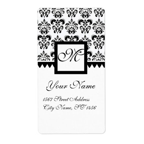 BLACK AND WHITE SQUARE DAMASK MONOGRAM LABEL