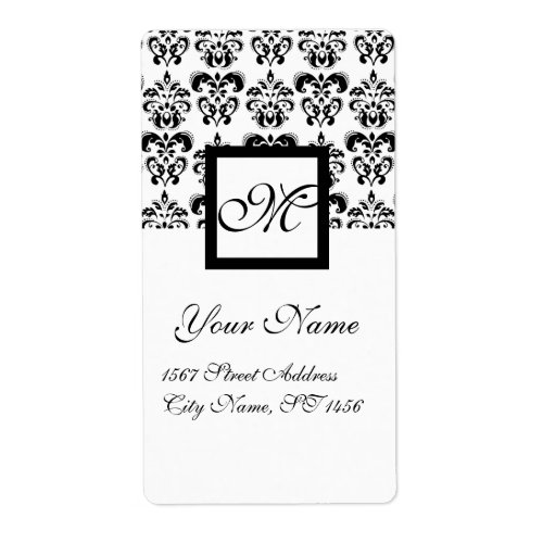 BLACK AND WHITE SQUARE DAMASK MONOGRAM LABEL