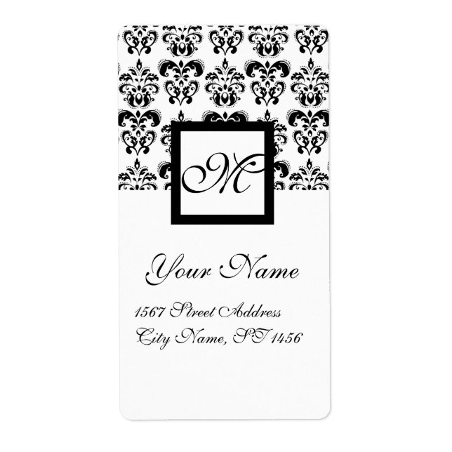 BLACK AND WHITE SQUARE DAMASK MONOGRAM, LABEL (Front)