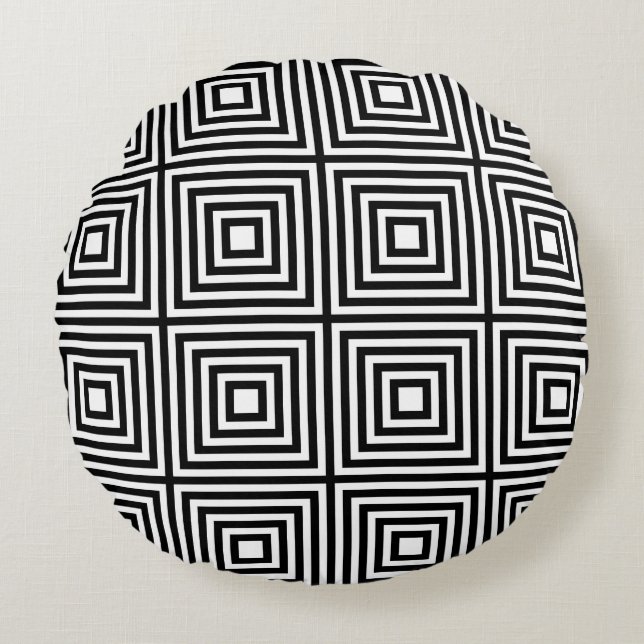 Black and White Squares in Squares Round Pillow (Front)