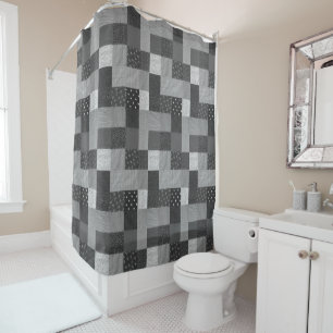 black and white squares of vintage patchwork  shower curtain