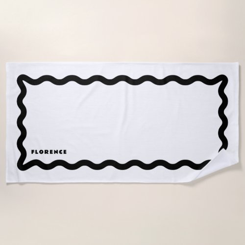 Black and White Squiggle with Text Beach Towel