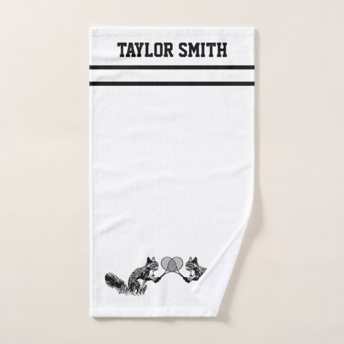 Black and White Squirrel Tennis Player with Text Hand Towel