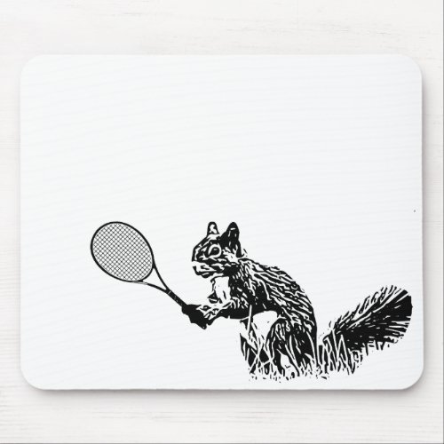Black and White Squirrel With Tennis Racquet Mouse Pad