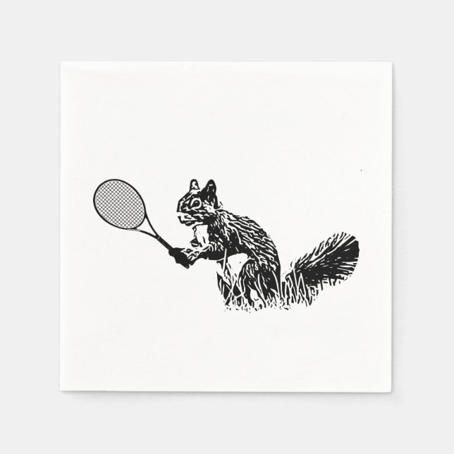 Black and White Squirrel With Tennis Racquet Napkins (Front)