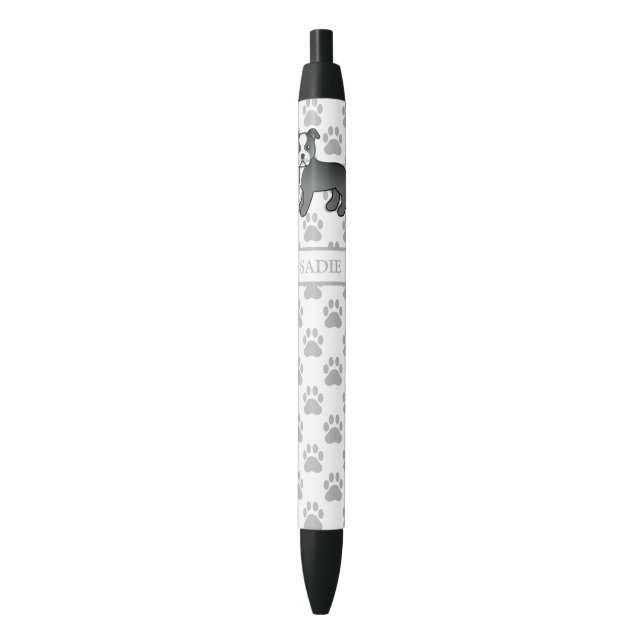 Black And White Staffie Cute Cartoon Dog & Name Pen (Front Vertical)