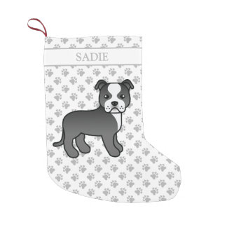 Black And White Staffie Cute Cartoon Dog &amp; Name Small Christmas Stocking