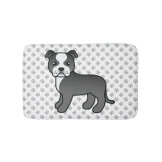 Black And White Staffie Cute Cartoon Dog &amp; Paws Bath Mat