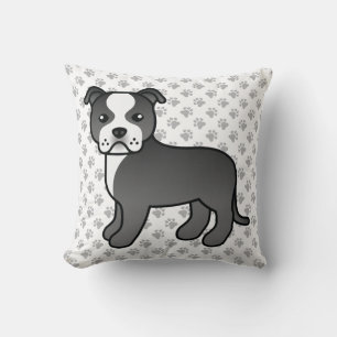 Black And White Staffie Cute Cartoon Dog & Paws Throw Pillow