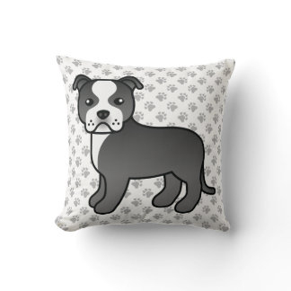 Black And White Staffie Cute Cartoon Dog &amp; Paws Throw Pillow