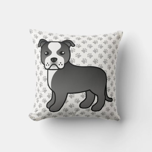 Black And White Staffie Cute Cartoon Dog  Paws Throw Pillow