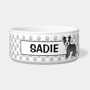 Black And White Staffordshire Bull Terrier & Name Bowl