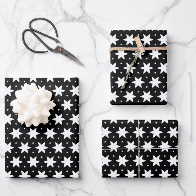 Black and White Star Pattern Wrapping Paper Sheets (Front)