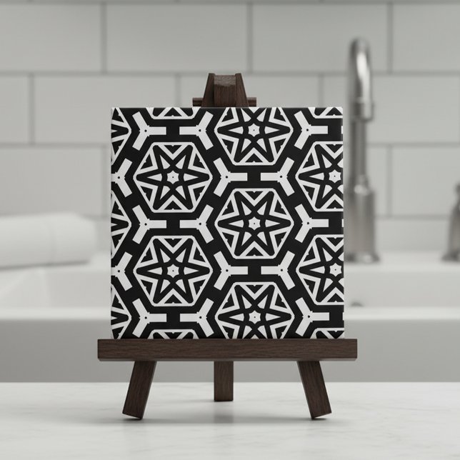 Black and White Stars and Hexagons Pattern Ceramic Tile (Creator Uploaded)