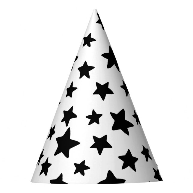 Black and White Stars Doodles Pattern Birthday Party Hat (Front)