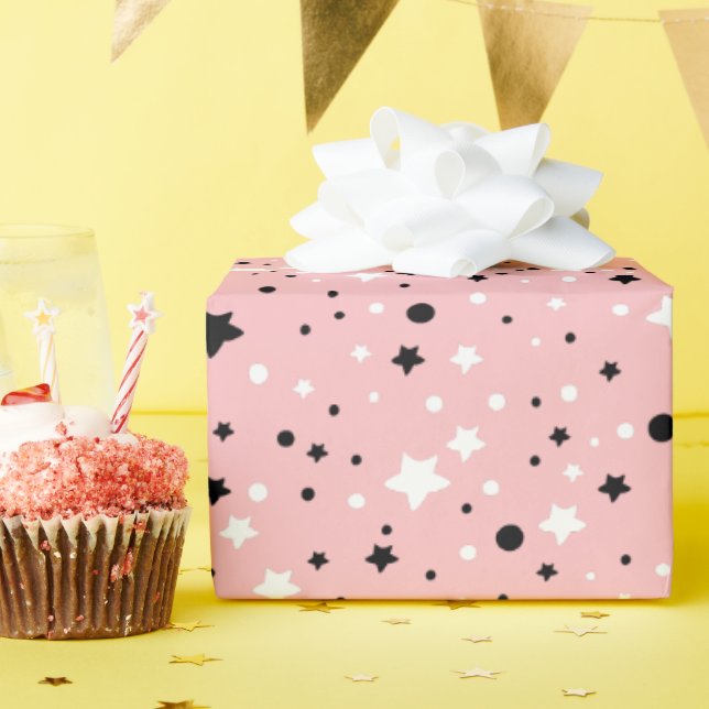 Black and White Stars On Pink  Wrapping Paper (Birthday Party)