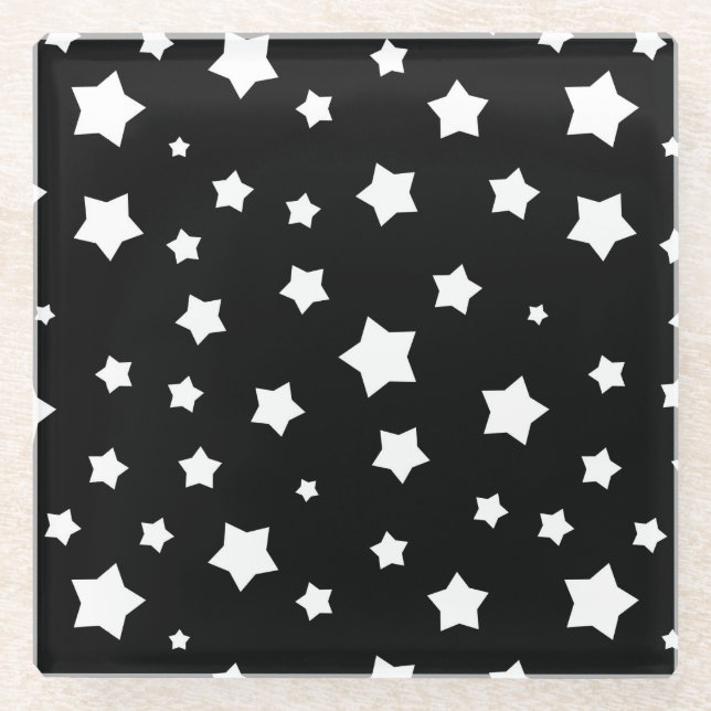 Black and white stars pattern glass coaster (Front)