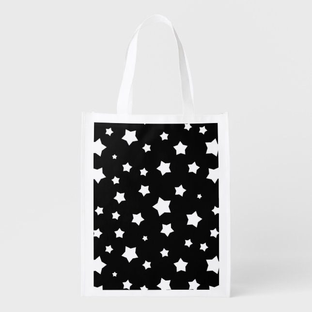 Black and white stars pattern reusable grocery bag (Front)