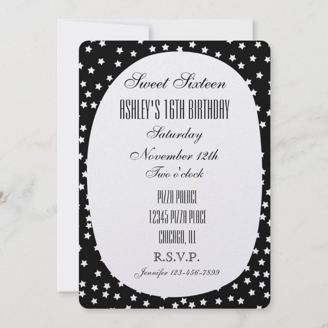 Black and White Stars Sweet 16 Invitation (Back)