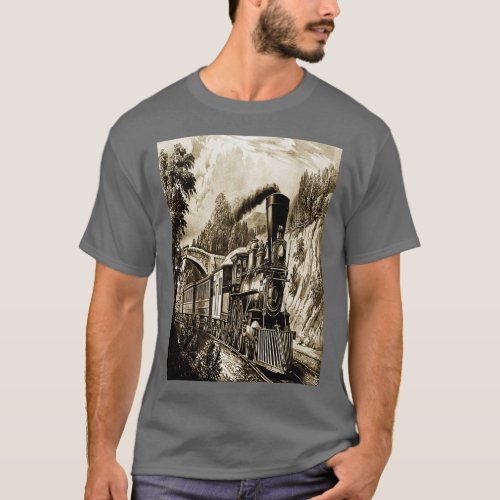 Black And White Steam Engine Print T_Shirt