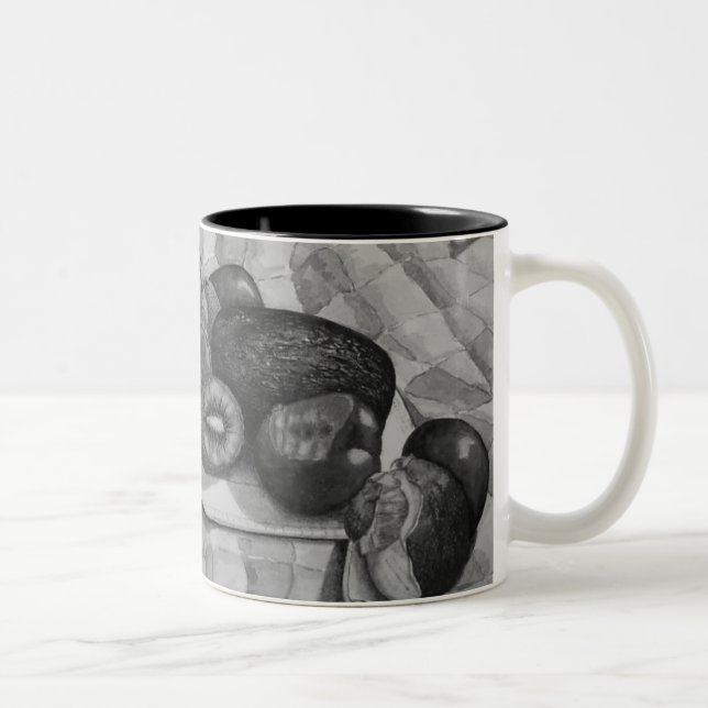 black and white still life picture of exotic fruit Two-Tone coffee mug (Right)