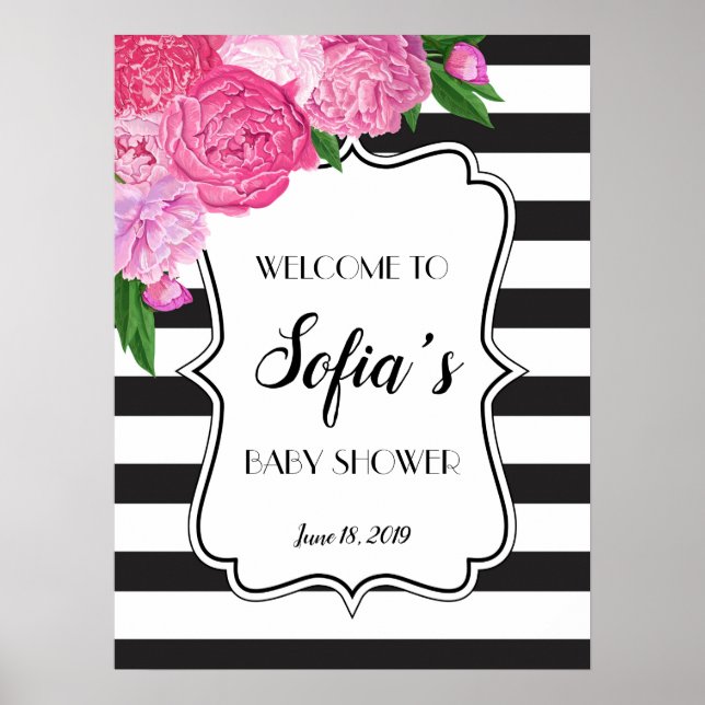 Black and White Stirpe Pink Floral Shower Sign (Front)