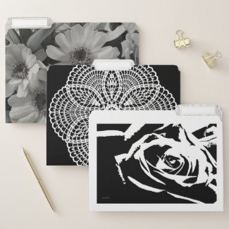Black And White Stitchery And Flowers File Folder