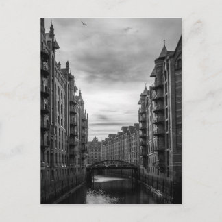 Black and White Storehouse Town River Bridge Postcard