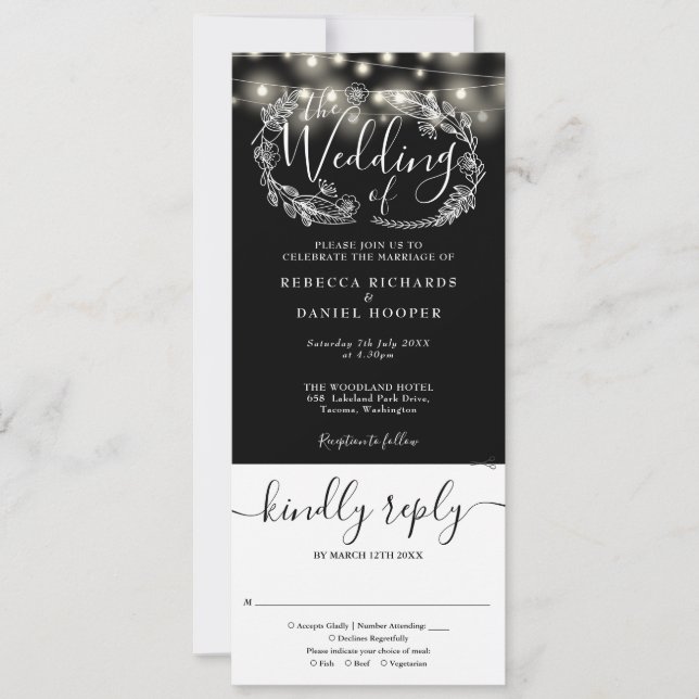 Black And White String Lights All In One Wedding Invitation (Front)