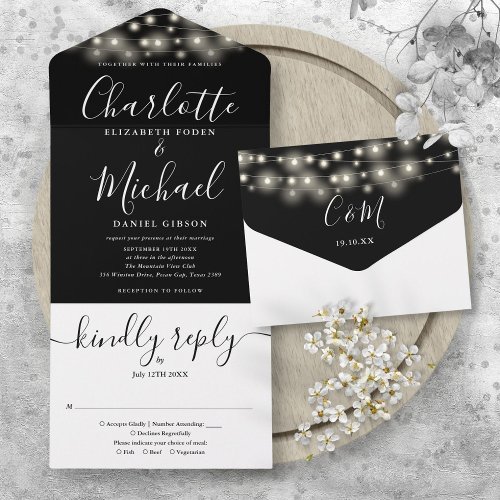 Black And White String Lights Chic Script Wedding All In One Invitation
