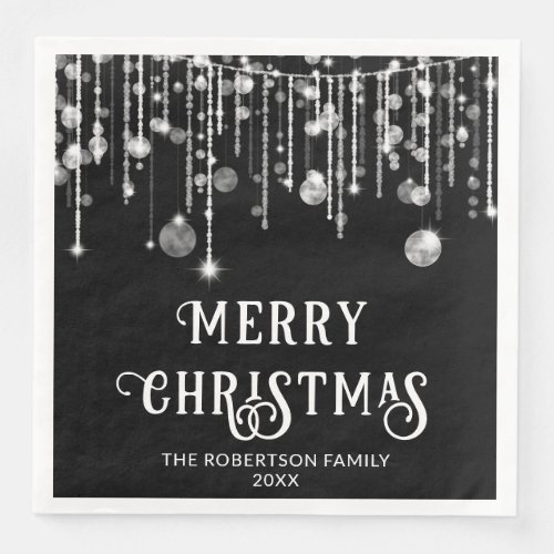 Black and White String Lights Christmas Party Paper Dinner Napkins